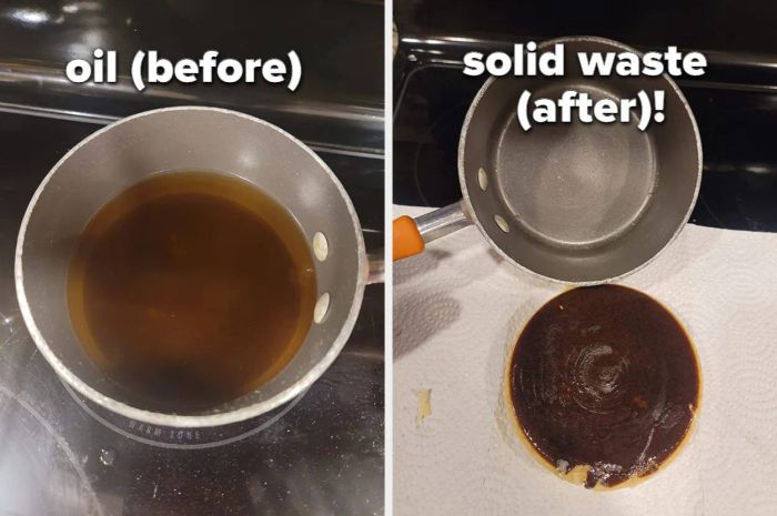 A before and after picture showing oil solidified after using FryAway