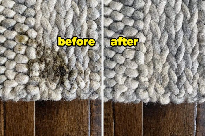 a before-and-after shot showing poop being removed from a knit blanket