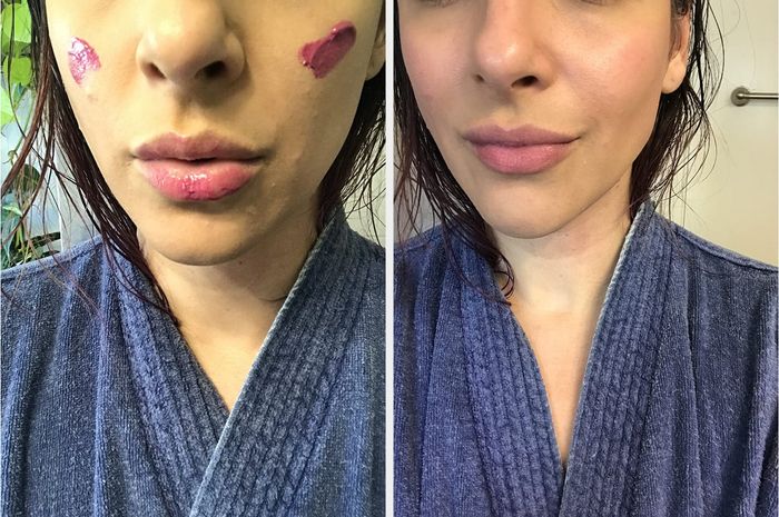 A reviewer demonstrates the blush by applying dots and blending them out to reveal a soft pink hue
