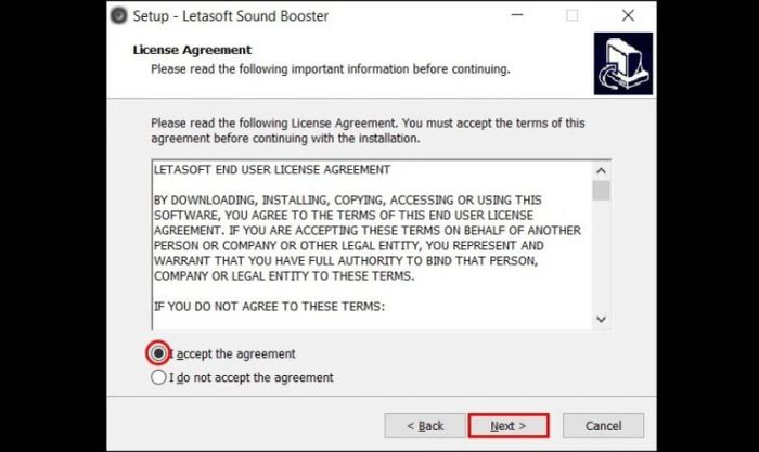 Chọn I accept the agreement rồi nhấn Next để tiếp tục