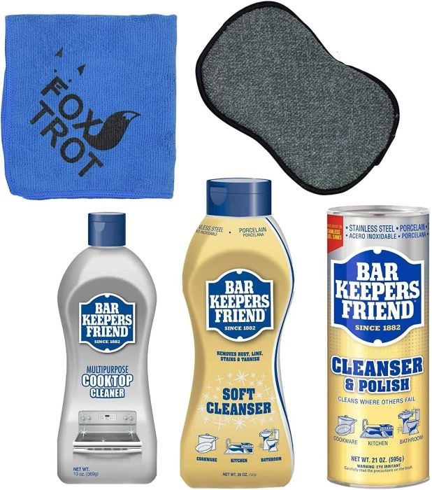 The three different Bar Keepers Friend cleaning products lined up together