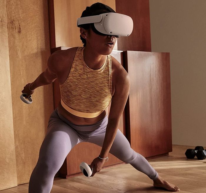 A model wearing the VR headset, holding a controller in each hand.