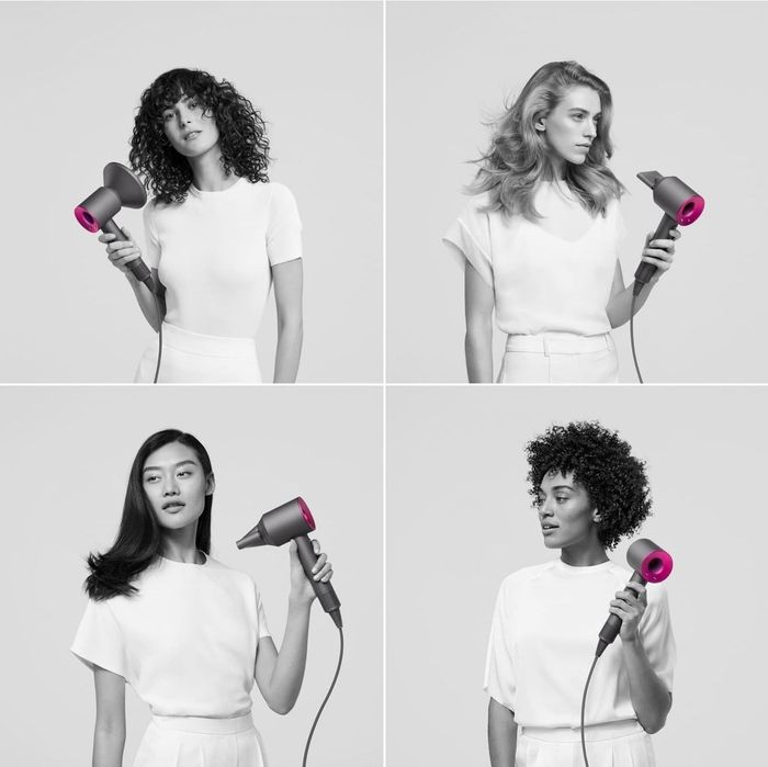 Four different models demonstrate the various attachments that can be used to dry all types of hair.