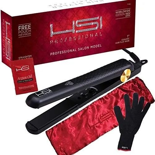 The straightener, complete with a pouch and heat protectant glove