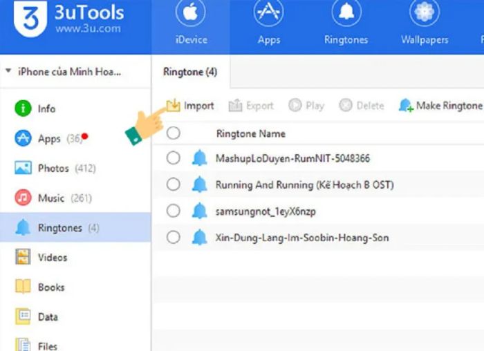 Hướng dẫn cài nhạc chuông cho iPhone, iPad qua phần mềm 3uTools, bước 3.