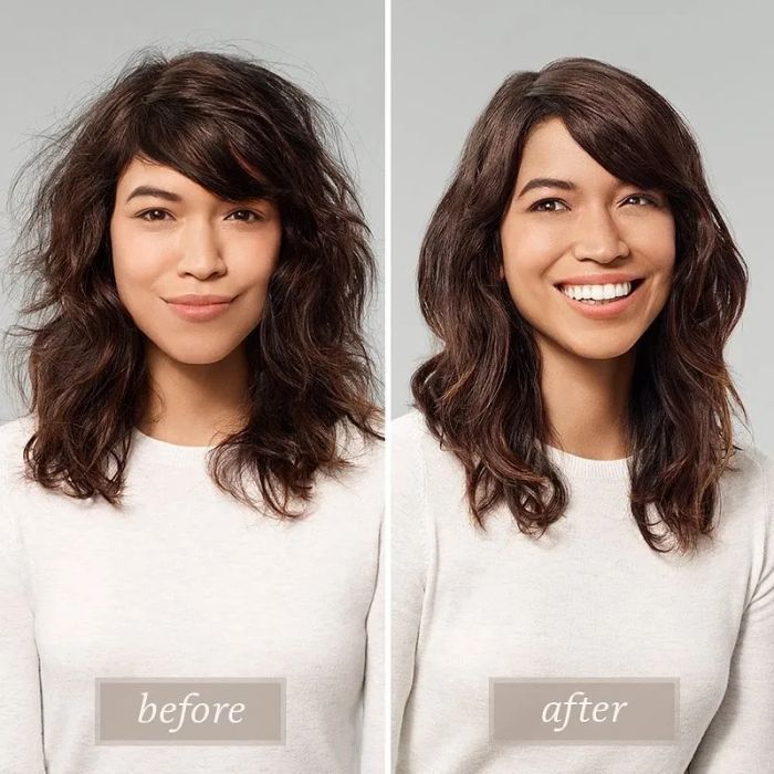 A model with frizzy hair before use, and smooth, shiny hair after use