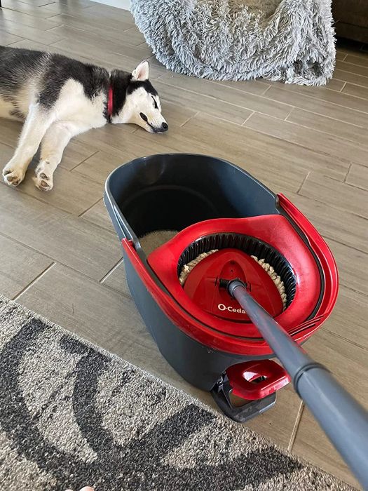 A circular mop being dried in a separate section of a bucket