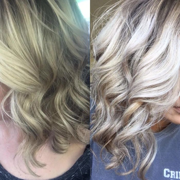 A reviewer's brassy hair before, and vibrant platinum-toned hair after
