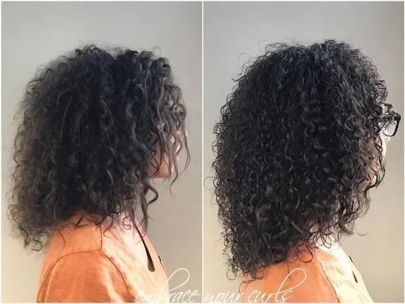 A before-and-after comparison of a model, showing her slightly frizzy curls in the first image and more defined, less frizzy curls in the second.