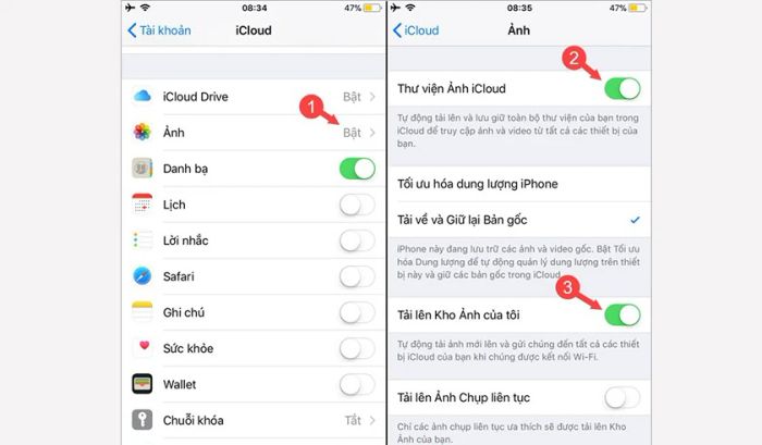 Bật Thư viện ảnh iCloud và Tải lên kho ảnh của tôi