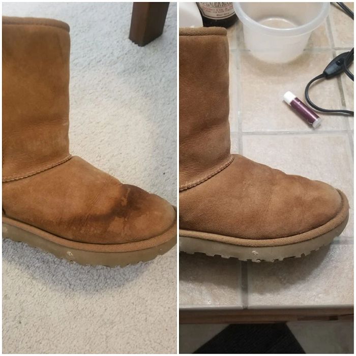 A before-and-after shot of a reviewer’s Ugg boots, now looking pristine after using the brush