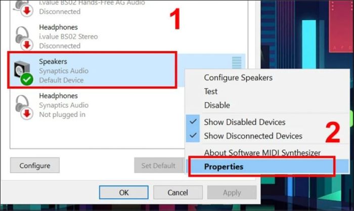 Trong tab Playback, nhấp chuột phải vào Speakers để tiếp tục