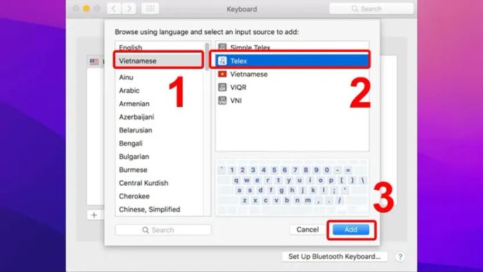 Thêm bộ gõ tiếng Việt dưới dạng Telex.