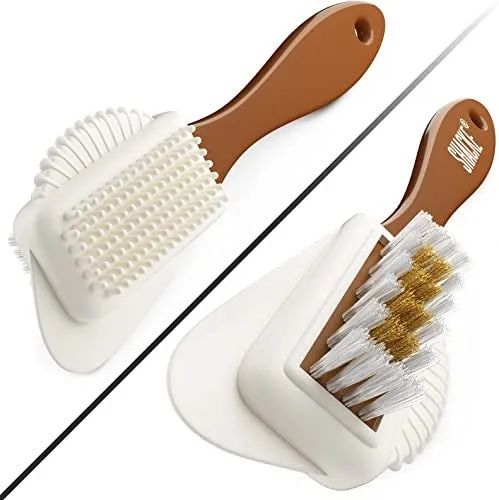 A dual-sided brush designed to clean suede and nubuck leather surfaces