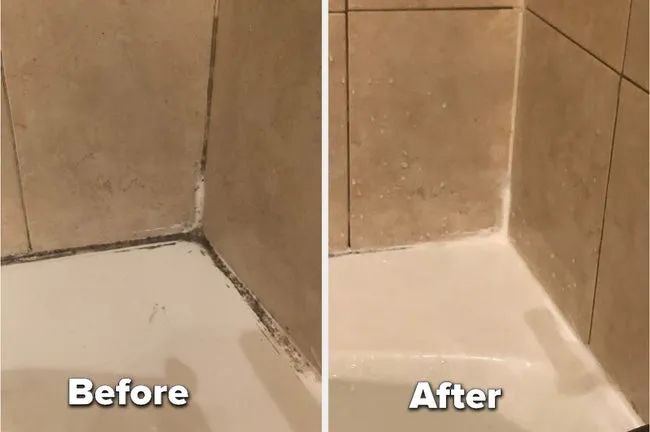 Mytour Shopping editor's before-and-after of a moldy shower corner compared to the nearly mold-free result