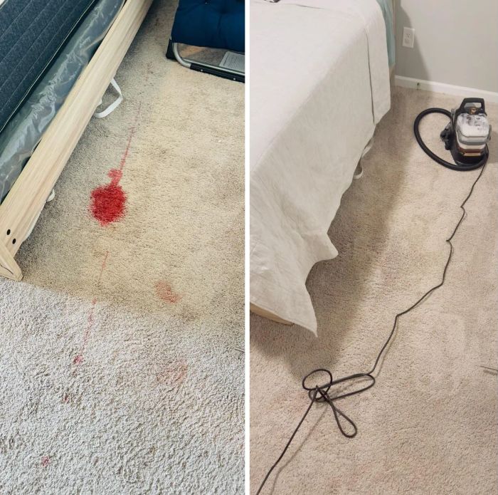 Two images: on the left, a carpet with visible red stains; on the right, the same carpet perfectly cleaned with a vacuum cleaner placed beside it