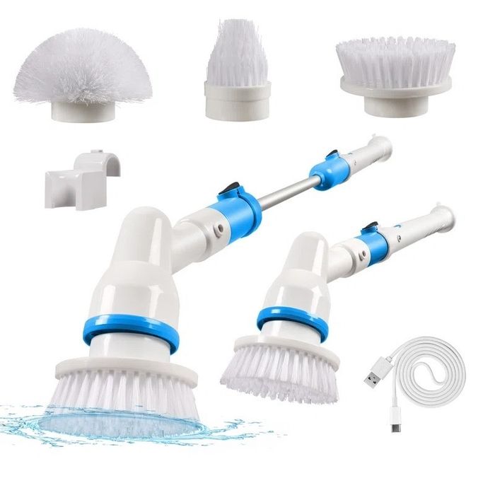 Electric scrub brush featuring multiple detachable heads, a USB charging cable, and an extended handle for easier access during cleaning.