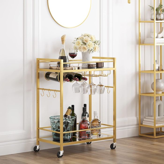 two-tier gold bar cart on wheels