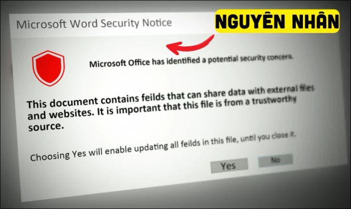 Nguyên nhân nào gây ra lỗi Microsoft Office has identified a potential security concern?