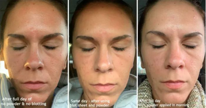 A customer review image showing their skin before, after, and after a full day of wear, still looking fresh and not oily.