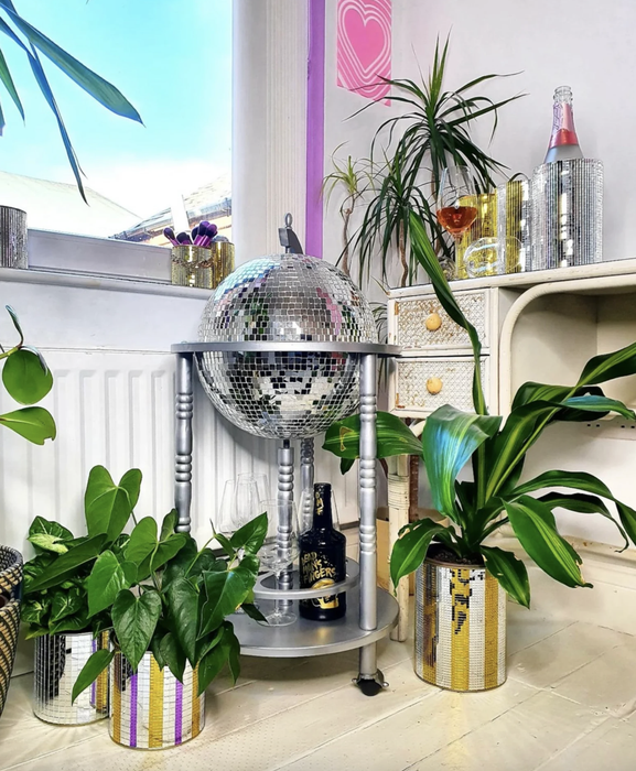all-silver disco ball bar cart