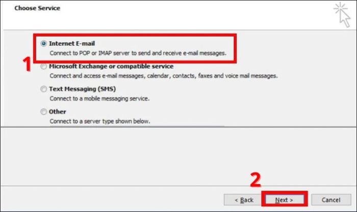 Tick chọn Internet E-mail rồi nhấn Next.