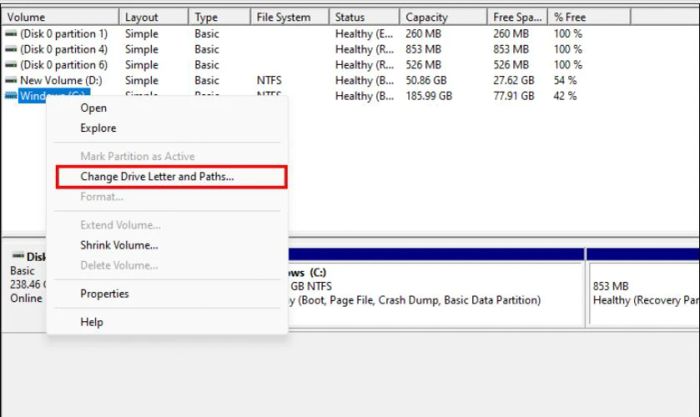 Tiếp theo, bạn nhấn chuột phải vào ổ cứng gặp lỗi và chọn Change Drive Letter and Paths...