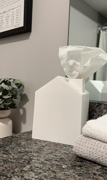 Reviewer’s tissue box cover shaped like a house, with tissues emerging from the chimney.