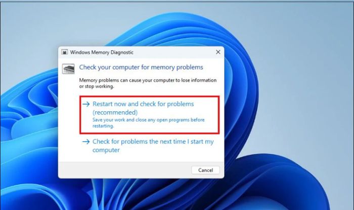 Sau đó, bạn chọn Restart now and check for problems (recommended) để bắt đầu quá trình kiểm tra