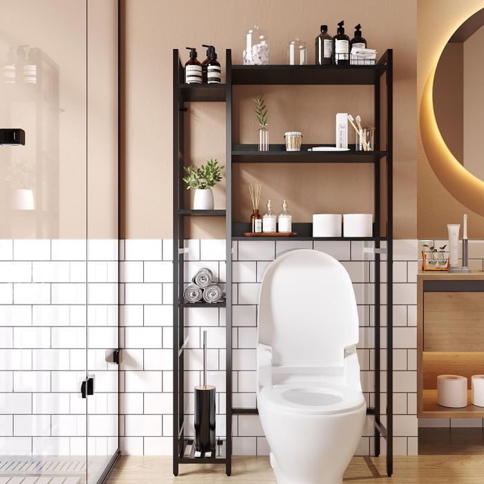 A black over-the-toilet storage rack for organizing essentials