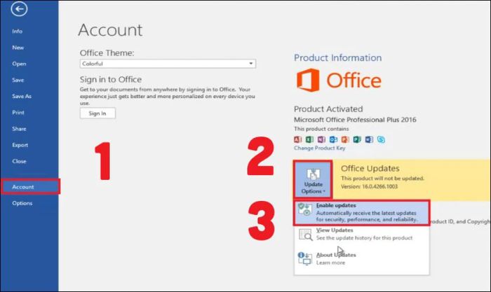 Chọn Account, nhấn vào Update Options và kích hoạt tùy chọn Enable updates