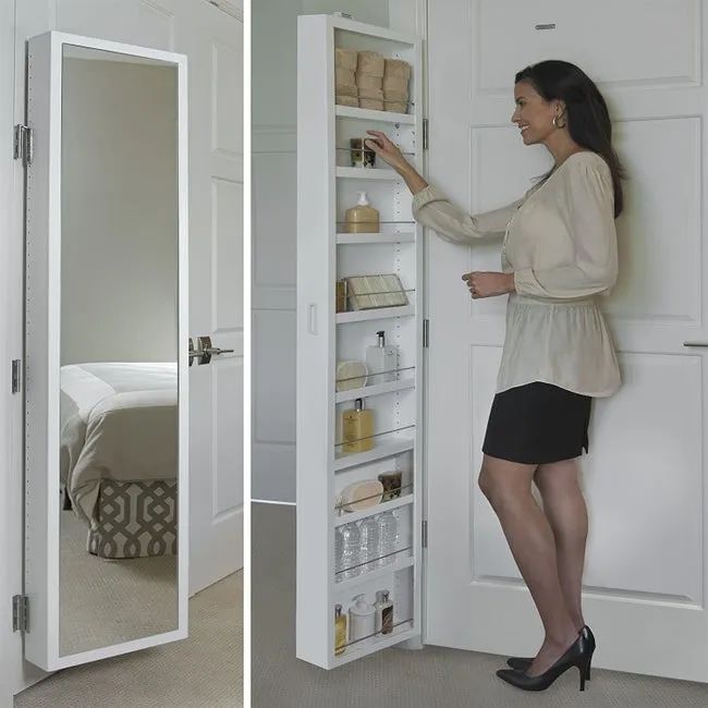 A model reaching for an item on one of the nine shelves.