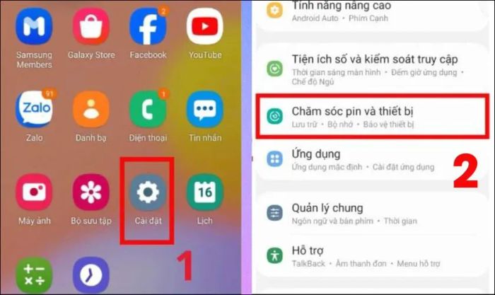 Vào mục Cài đặt, chọn mục Chăm sóc pin và thiết bị