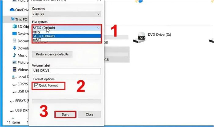 Trong phần File system, chọn NTFS, tích vào Quick format và nhấn Start