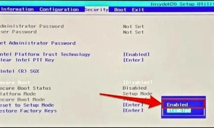 Nếu tính năng bị tắt, dùng phím mũi tên để chọn Secure Boot rồi nhấn Enter