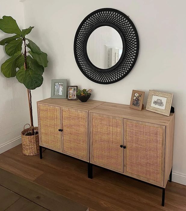 tan buffet cabinets in a reviewer's living room