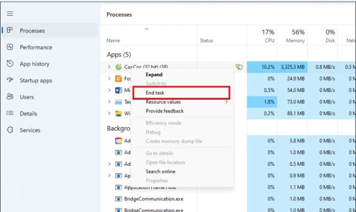 Tắt ứng dụng qua Task Manager
