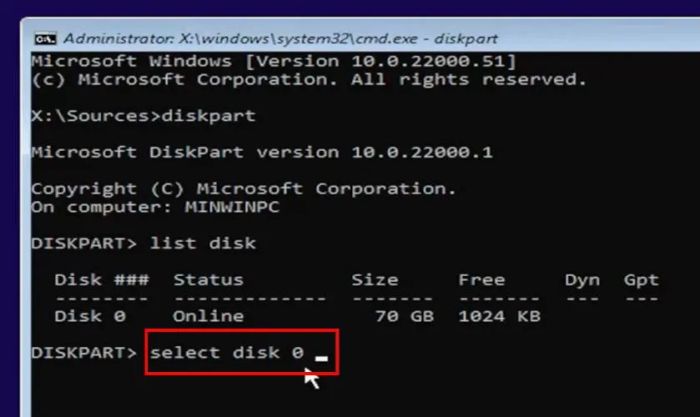 Chọn ổ đĩa cần chuyển đổi bằng lệnh select disk X, thay X bằng số thứ tự của ổ đĩa GPT