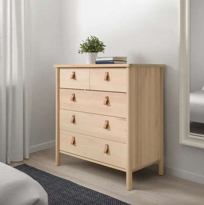 five-drawer birch dresser with leather handles