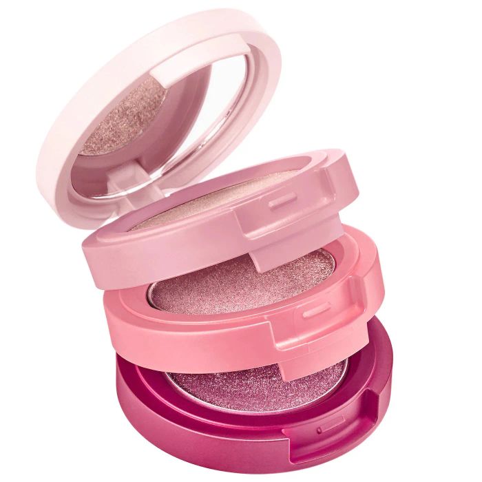 An open pink shimmer eyeshadow trio stack