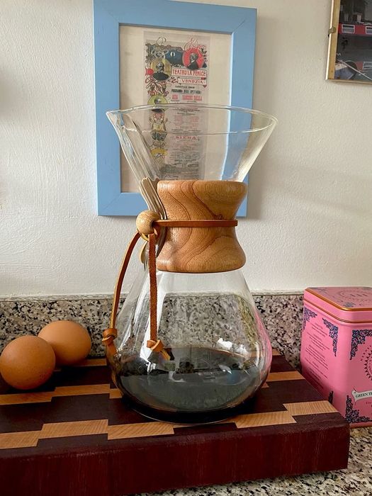 A glass Chemex pour-over coffee maker