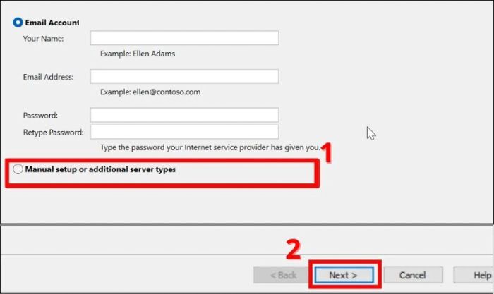 Tick chọn Manually configure server settings or additional server types rồi nhấn Next.