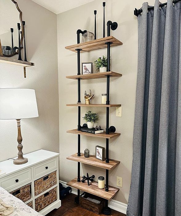 A reviewer's image of the industrial ladder shelf in use