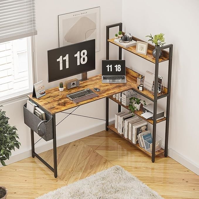 A modern home office setup with a wooden desk, shelving unit, and various decorative items