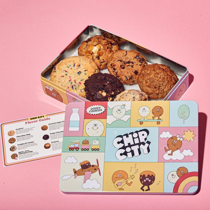 A tin of Chip City cookies.