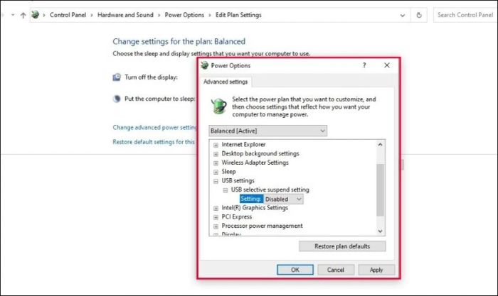 Tắt cài đặt USB selective suspend trong phần Power Options