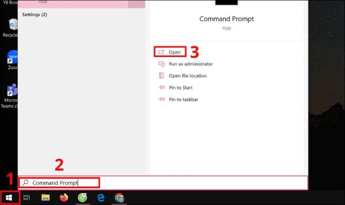 Tìm Command Prompt và chọn Open để mở cửa sổ lệnh