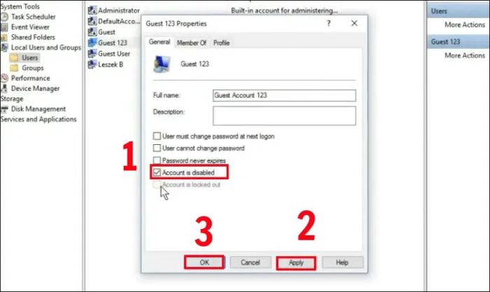 Nhấn đúp chuột vào tài khoản Guest, bỏ dấu chọn tại ô Account is disabled