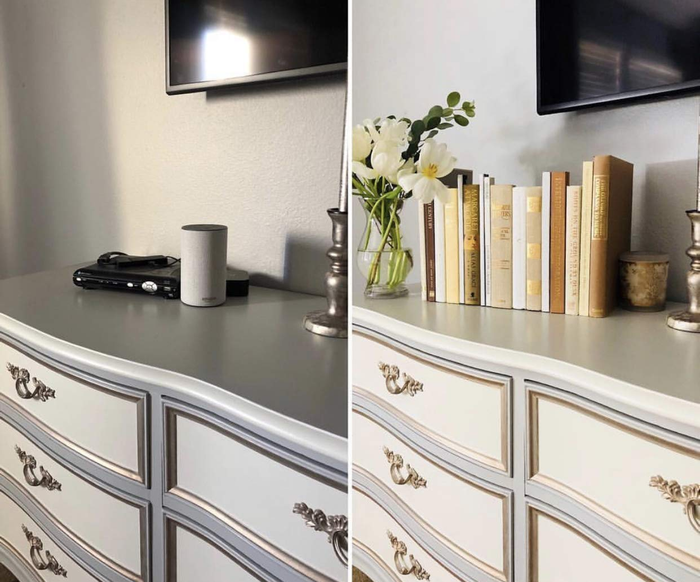 before and after photos showing a dresser cluttered with items and then neatly covered by the book storage box.