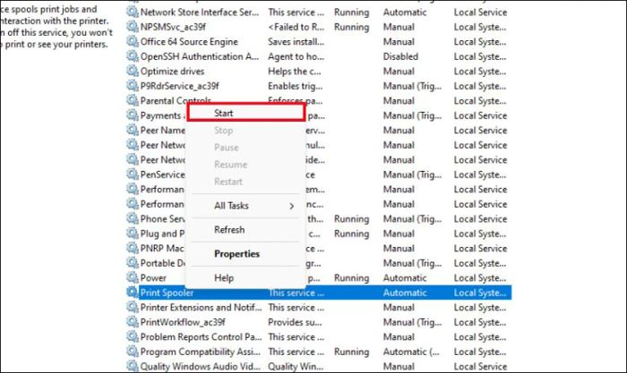 Quay lại cửa sổ Services, nhấp chuột phải vào Print Spooler và chọn Start.